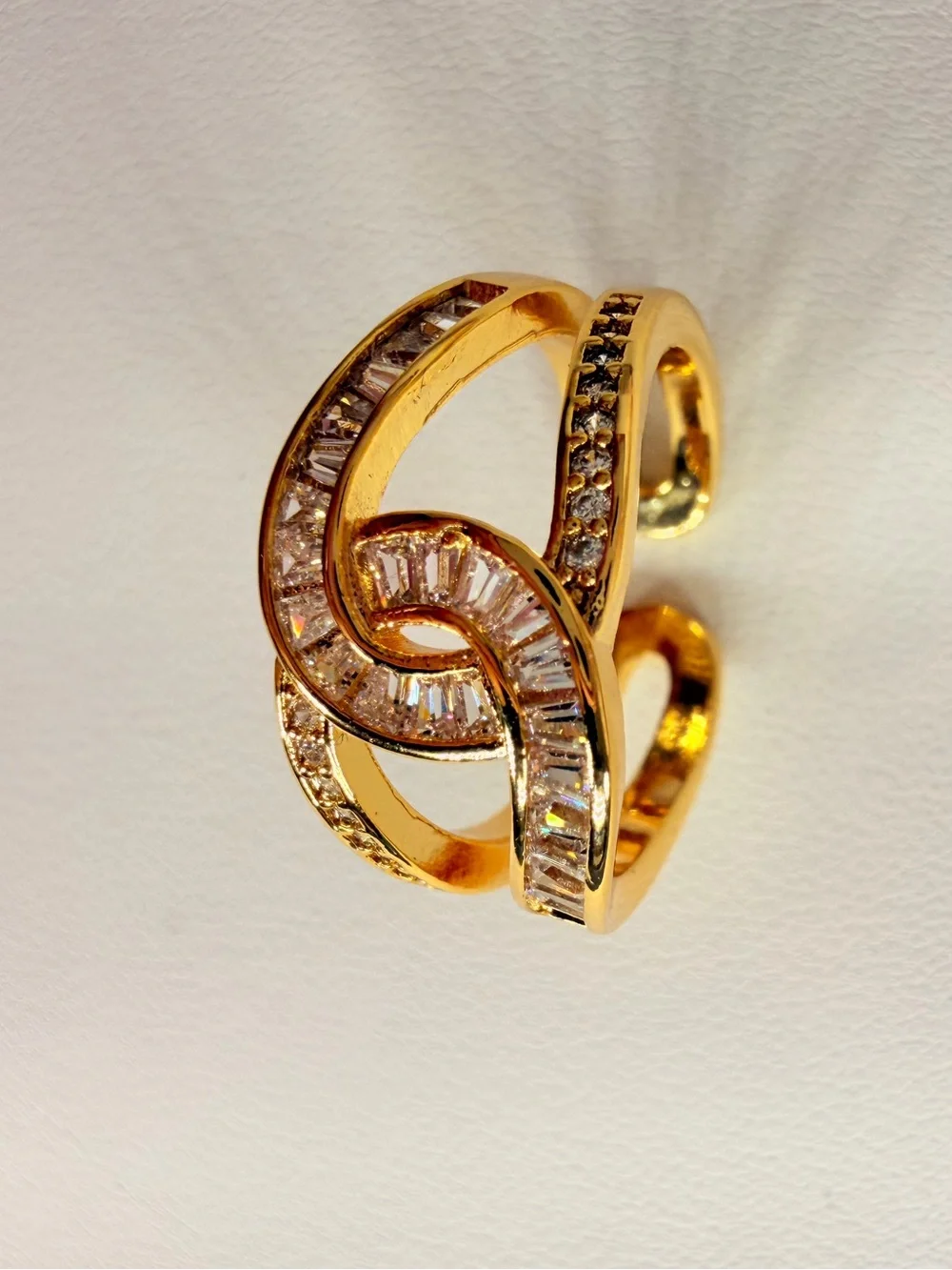 Gold-Tone Pink Baguette Crystal Wave Ring